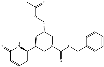 1-Piperidinecarboxylic acid, 3-[(acetyloxy)methyl]-5-[(2R)-1,2,3,6-tetrahydro-6-oxo-2-pyridinyl]-, phenylmethyl ester, (3S,5R)- Struktur