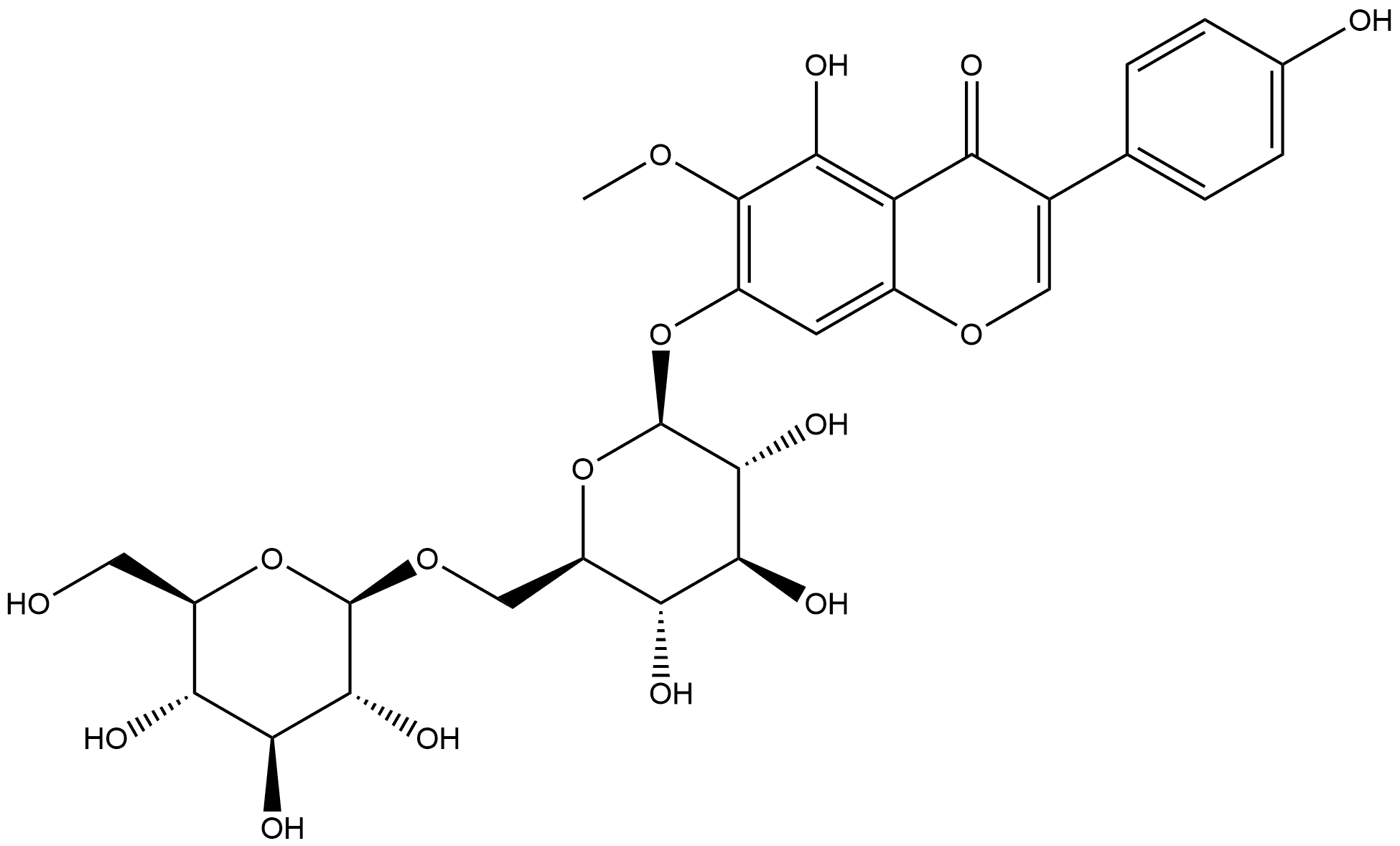 4H-1-Benzopyran-4-one, 7-[(6-O-β-D-glucopyranosyl-β-D-glucopyranosyl)oxy]-5-hydroxy-3-(4-hydroxyphenyl)-6-methoxy- Struktur