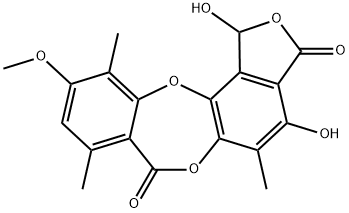 7H-Isobenzofuro[4,5-b][1,4]benzodioxepin-3,7(1H)-dione, 1,4-dihydroxy-10-methoxy-5,8,11-trimethyl- 结构式