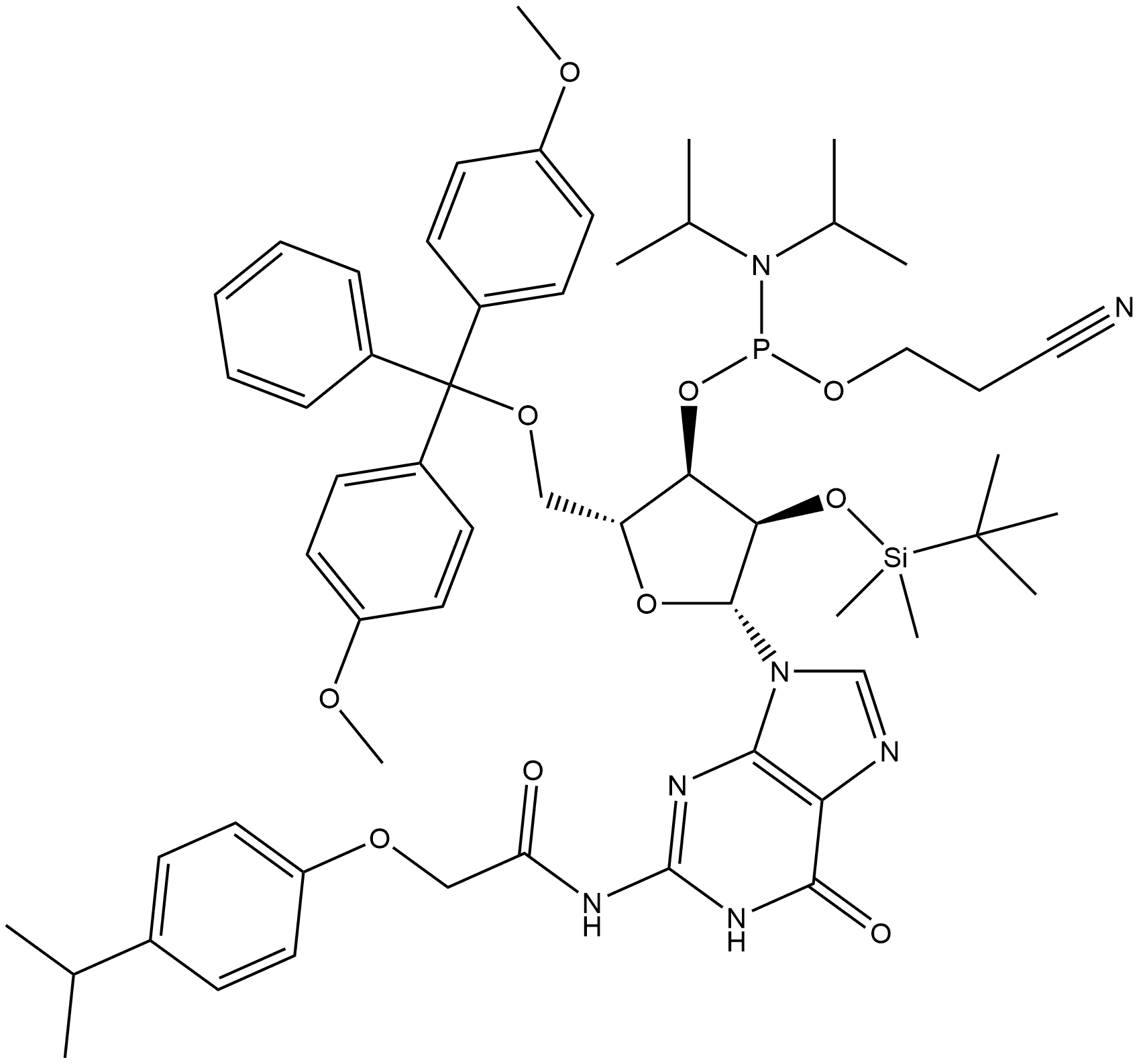 Guanosine, 5'-O-[bis(4-methoxyphenyl)phenylmethyl]-2'-O-[(1,1-dimethylethyl)dimethylsilyl]-N-[2-[4-(1-methylethyl)phenoxy]acetyl]-, 3'-[2-cyanoethyl N,N-bis(1-methylethyl)phosphoramidite] Struktur