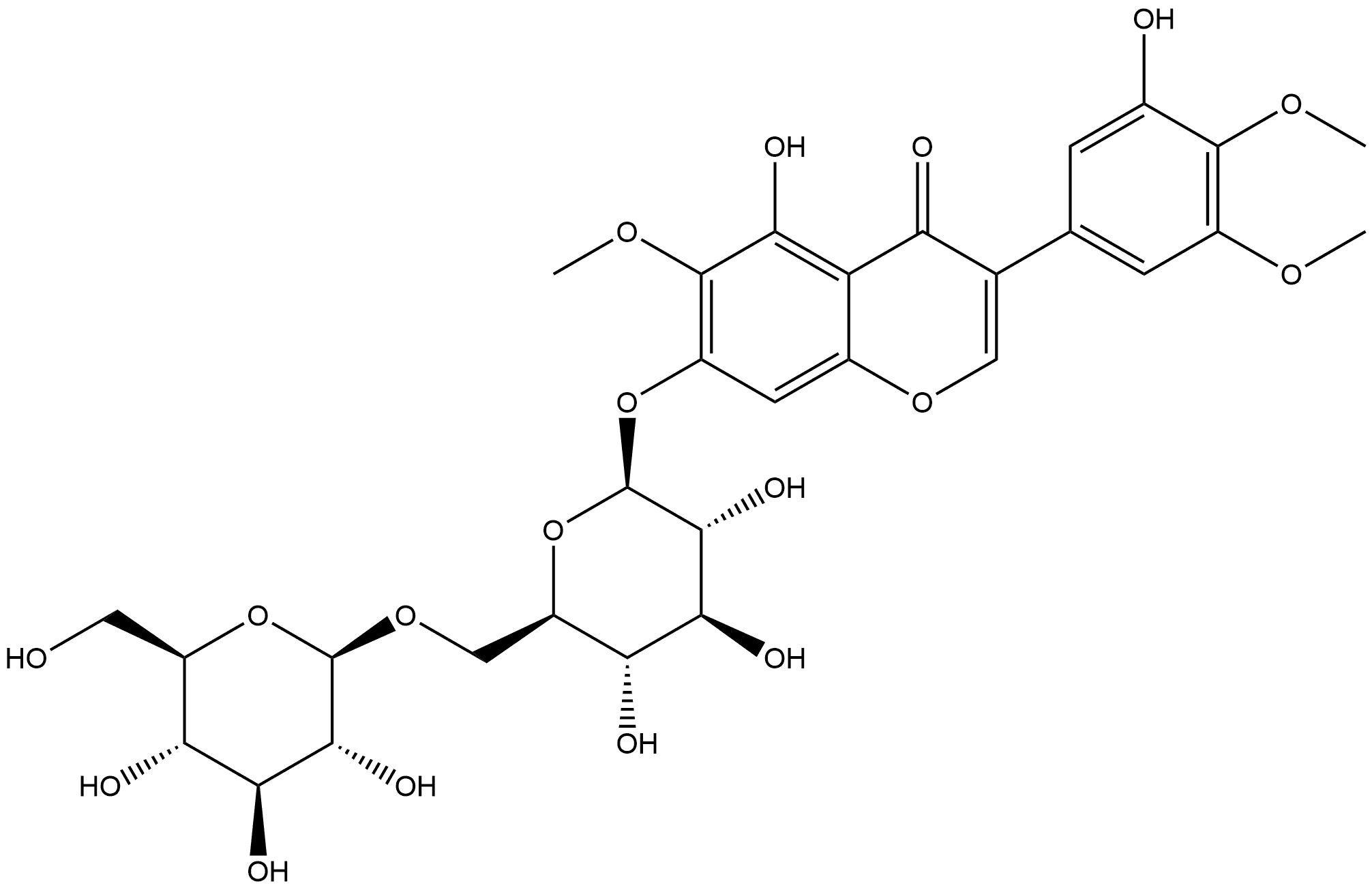 4H-1-Benzopyran-4-one, 7-[(6-O-β-D-glucopyranosyl-β-D-glucopyranosyl)oxy]-5-hydroxy-3-(3-hydroxy-4,5-dimethoxyphenyl)-6-methoxy- Struktur