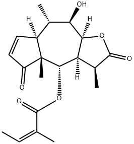 (Z)-2-メチル-2-ブテン酸[(3S)-2,3,3aα,4,4a,5,7aα,8,9,9aα-デカヒドロ-9β-ヒドロキシ-3β,4aβ,8α-トリメチル-2,5-ジオキソアズレノ[6,5-b]フラン-4α-イル] 化学構造式