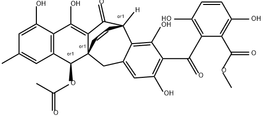 Benzoic acid, 2-[[(5aR,6S,13S)-6-(acetyloxy)-5,6,12,13-tetrahydro-1,3,10,11-tetrahydroxy-8-methyl-12-oxo-5a,13-etheno-5aH-benzo[4,5]cyclohepta[1,2-b]naphthalen-2-yl]carbonyl]-3,6-dihydroxy-, methyl ester, rel-|枝顶孢菌素