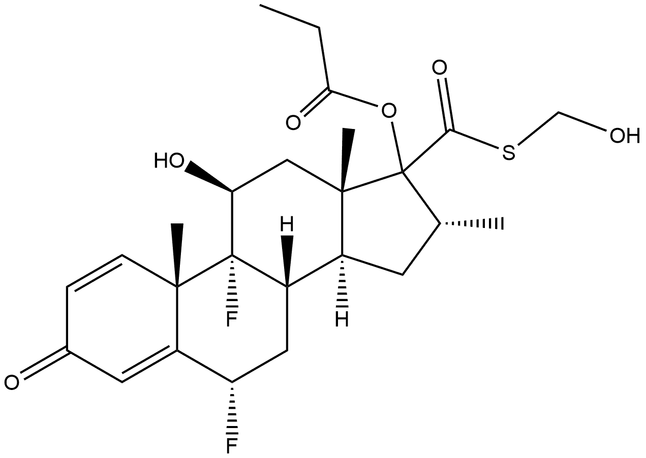 Androsta-1,4-diene-17-carbothioic acid, 6,9-difluoro-11-hydroxy-16-methyl-3-oxo-17-(1-oxopropoxy)-, S-(hydroxymethyl) ester, (6α,11β,16α)- Structure