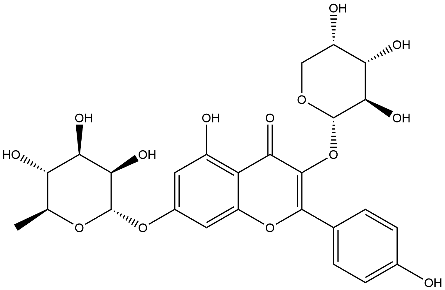 4H-1-Benzopyran-4-one, 3-(α-L-arabinopyranosyloxy)-7-[(6-deoxy-α-L-mannopyranosyl)oxy]-5-hydroxy-2-(4-hydroxyphenyl)- Struktur