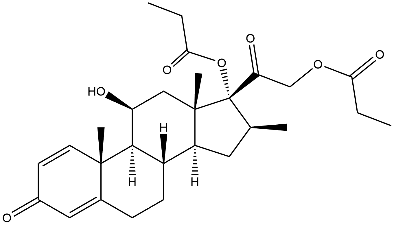 Pregna-1,4-diene-3,20-dione, 11-hydroxy-16-methyl-17,21-bis(1-oxopropoxy)-, (11β,16β)- 化学構造式