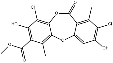 11H-Dibenzo[b,e][1,4]dioxepin-7-carboxylic acid, 2,9-dichloro-3,8-dihydroxy-1,6-dimethyl-11-oxo-, methyl ester Structure
