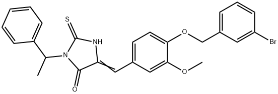 (5E)-5-[[4-[(3-bromophenyl)methoxy]-3-methoxyphenyl]methylidene]-3-(1-phenylethyl)-2-sulfanylideneimidazolidin-4-one Struktur