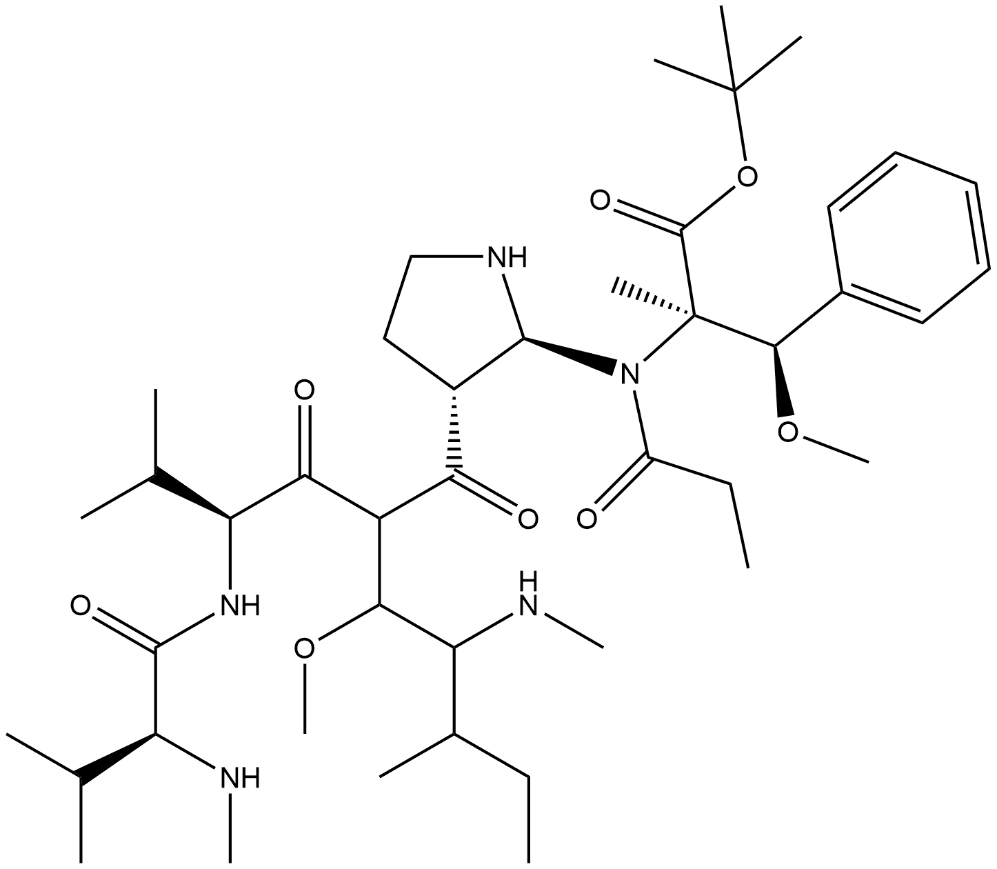 L-Phenylalanine, N-methyl-L-valyl-L-valyl-(3R,4S,5S)-3-methoxy-5-methyl-4-(methylamino)heptanoyl-(αR,βR,2S)-β-methoxy-α-methyl-2-pyrrolidinepropanoyl-, 1,1-dimethylethyl ester 化学構造式