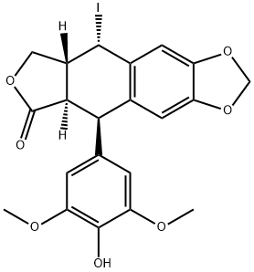 Furo[3',4':6,7]naphtho[2,3-d]-1,3-dioxol-6(5aH)-one, 5,8,8a,9-tetrahydro-5-(4-hydroxy-3,5-dimethoxyphenyl)-9-iodo-, (5R,5aR,8aR,9S)- Struktur