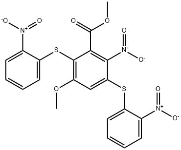 Benzoic acid, 3-methoxy-6-nitro-2,5-bis[(2-nitrophenyl)thio]-, methyl ester,75355-04-3,结构式