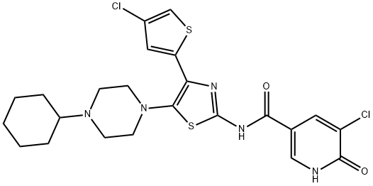 3-Pyridinecarboxamide, 5-chloro-N-[4-(4-chloro-2-thienyl)-5-(4-cyclohexyl-1-piperazinyl)-2-thiazolyl]-1,6-dihydro-6-oxo- Struktur