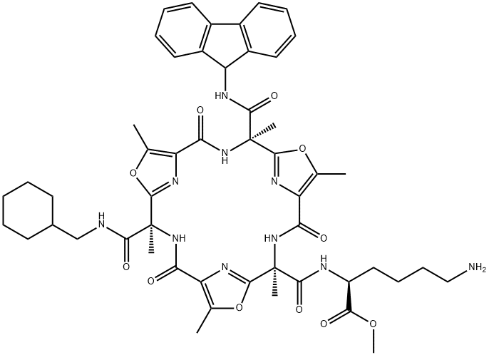 L-Lysine, N2-[[(4R,11R,18R)-11-[[(cyclohexylmethyl)amino]carbonyl]-18-[(9H-fluoren-9-ylamino)carbonyl]-4,7,11,14,18,21-hexamethyl-2,9,16-trioxo-6,13,20-trioxa-3,10,17,22,23,24-hexaazatetracyclo[17.2.1.15,8.112,15]tetracosa-5(24),7,12(23),14,19(22),21-hexaen-4-yl]carbonyl]-, methyl ester Struktur