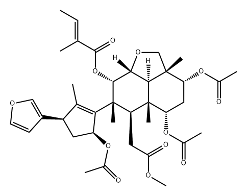 2H-Naphtho[1,8-bc]furan-6-acetic acid, 3,5-bis(acetyloxy)-7-[(3R,5S)-5-(acetyloxy)-3-(3-furanyl)-2-methyl-1-cyclopenten-1-yl]decahydro-2a,5a,7-trimethyl-8-[[(2E)-2-methyl-1-oxo-2-buten-1-yl]oxy]-, methyl ester, (2aR,3R,5S,5aR,6R,7R,8S,8aR,8bR)- Structure