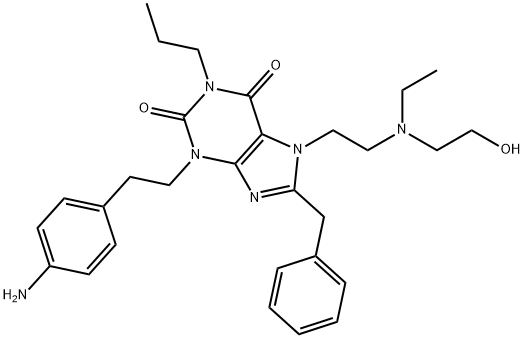 1H-Purine-2,6-dione, 3-[2-(4-aminophenyl)ethyl]-7-[2-[ethyl(2-hydroxyethyl)amino]ethyl]-3,7-dihydro-8-(phenylmethyl)-1-propyl- Structure