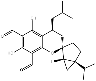 (1'S,2R,5'R)-4α-(2-メチルプロピル)-5,7-ジヒドロキシ-5'-イソプロピル-3,4-ジヒドロスピロ[2H-1-ベンゾピラン-2,2'-ビシクロ[3.1.0]ヘキサン]-6,8-ジカルボアルデヒド 化学構造式