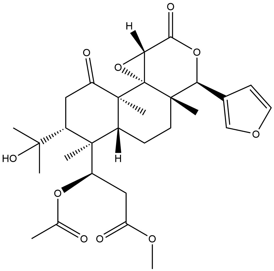 Naphth[2,1-c]oxireno[d]pyran-6-propanoic acid, β-(acetyloxy)-3-(3-furanyl)dodecahydro-7-(1-hydroxy-1-methylethyl)-3a,6,9a-trimethyl-1,9-dioxo-, methyl ester, (βR,3S,3aS,5aR,6R,7R,9aR,9bR,10aS)- Struktur