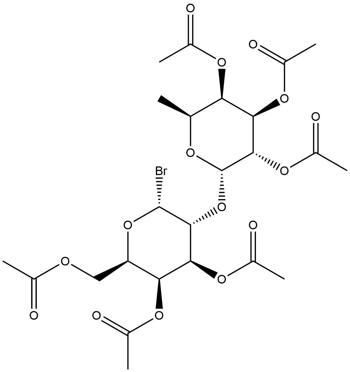 α-D-Galactopyranosyl bromide, 2-O-(2,3,4-tri-O-acetyl-6-deoxy-α-L-galactopyranosyl)-, triacetate (9CI) Structure