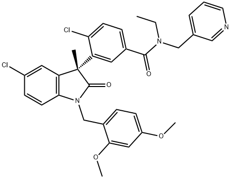 Benzamide, 4-chloro-3-[(3R)-5-chloro-1-[(2,4-dimethoxyphenyl)methyl]-2,3-dihydro-3-methyl-2-oxo-1H-indol-3-yl]-N-ethyl-N-(3-pyridinylmethyl)- Structure