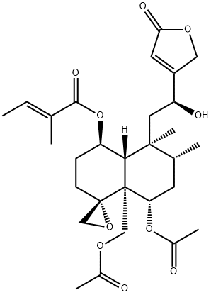 (4R,5α,8α,9S,10β,12S)-6α,18-Diacetoxy-4,19-epoxy-12,16-dihydroxy-1β-(tigloyloxy)cleroda-13-ene-15-oic acid 15,16-lactone Struktur