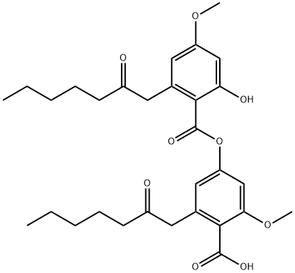 Benzoic acid, 2-hydroxy-4-methoxy-6-(2-oxoheptyl)-, 4-carboxy-3-methoxy-5-(2-oxoheptyl)phenyl ester Structure