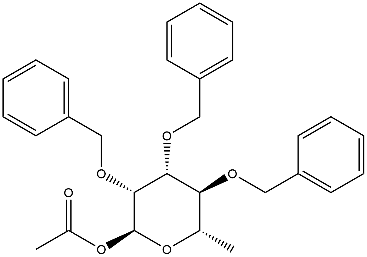 α-L-Mannopyranose, 6-deoxy-2,3,4-tris-O-(phenylmethyl)-, 1-acetate Struktur