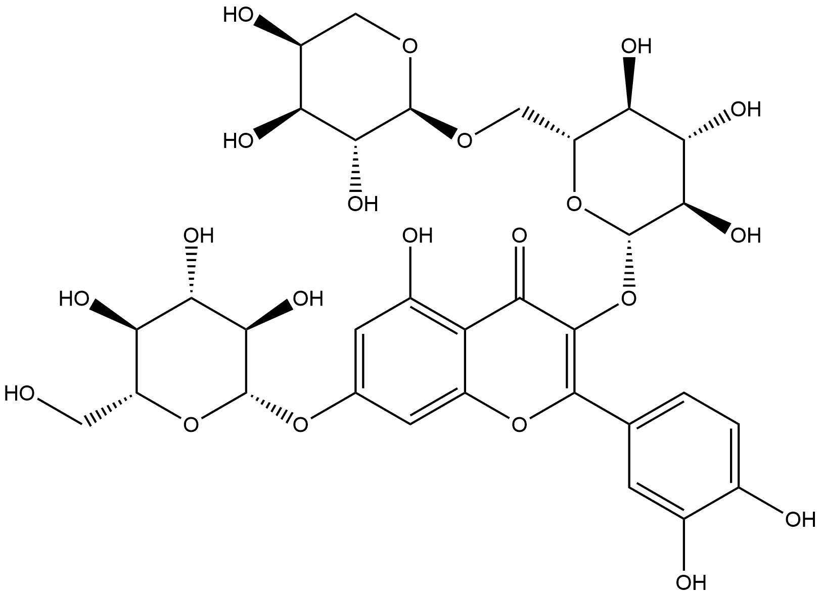 4H-1-Benzopyran-4-one, 3-[(6-O-α-L-arabinopyranosyl-β-D-glucopyranosyl)oxy]-2-(3,4-dihydroxyphenyl)-7-(β-D-glucopyranosyloxy)-5-hydroxy- Structure