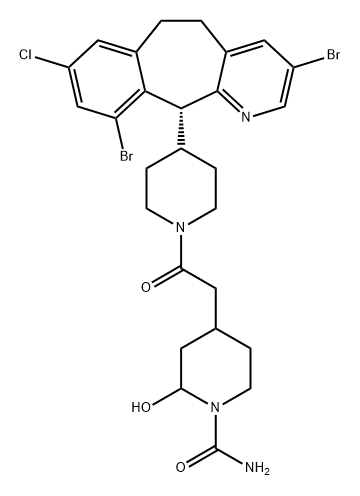 1-Piperidinecarboxamide, 4-[2-[4-[(11R)-3,10-dibromo-8-chloro-6,11-dihydro-5H-benzo[5,6]cyclohepta[1,2-b]pyridin-11-yl]-1-piperidinyl]-2-oxoethyl]-2-hydroxy- 化学構造式