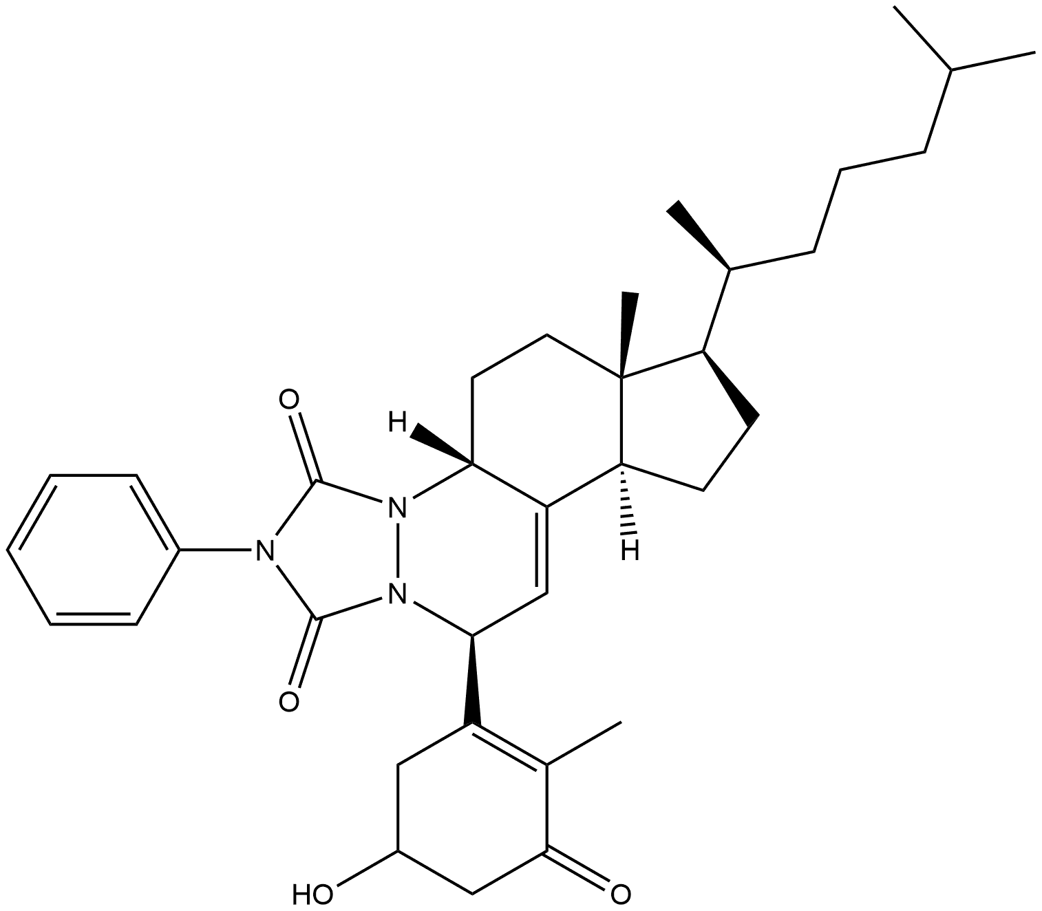 1H,5H-Cyclopenta[f][1,2,4]triazolo[1,2-a]cinnoline-1,3(2H)-dione, 7-(1,5-dimethylhexyl)-4a,6,6a,7,8,9,9a,11-octahydro-11-(5-hydroxy-2-methyl-3-oxo-1-cyclohexen-1-yl)-6a-methyl-2-phenyl-, [4aR-[4aα,6aα,7α(R*),9aβ,11α(R*)]]- (9CI) 结构式