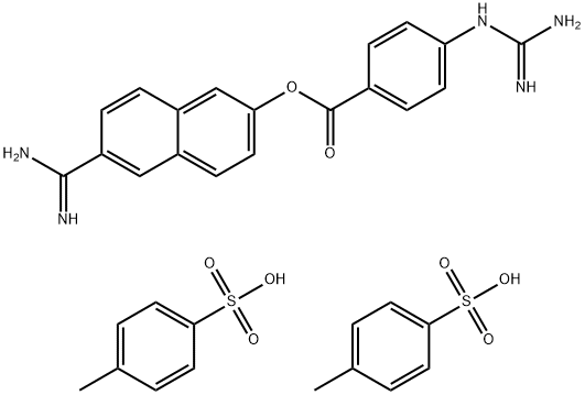 Benzoic acid, 4-[(aminoiminomethyl)amino]-, 6-(aminoiminomethyl)-2-naphthalenyl ester, 4-methylbenzenesulfonate (1:2) Structure