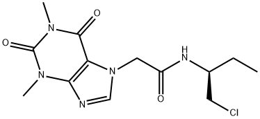 (-)-1,2,3,6-Tetrahydro-N-(1-(chloromethyl)propyl)-1,3-dimethyl-2,6-dio xo-7H-purine-7-acetamide 化学構造式