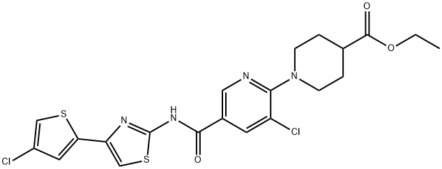 4-Piperidinecarboxylic acid, 1-[3-chloro-5-[[[4-(4-chloro-2-thienyl)-2-thiazolyl]amino]carbonyl]-2-pyridinyl]-, ethyl ester 化学構造式