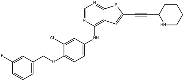 Thieno[2,3-d]pyrimidin-4-amine, N-[3-chloro-4-[(3-fluorophenyl)methoxy]phenyl]-6-[2-(2-piperidinyl)ethynyl]- 化学構造式