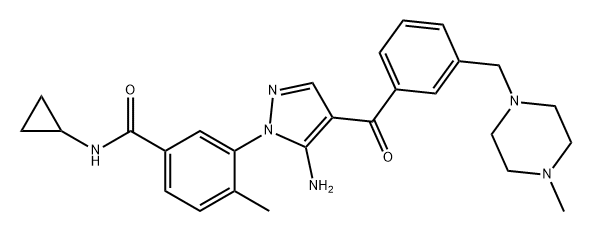 Benzamide, 3-[5-amino-4-[3-[(4-methyl-1-piperazinyl)methyl]benzoyl]-1H-pyrazol-1-yl]-N-cyclopropyl-4-methyl- 化学構造式