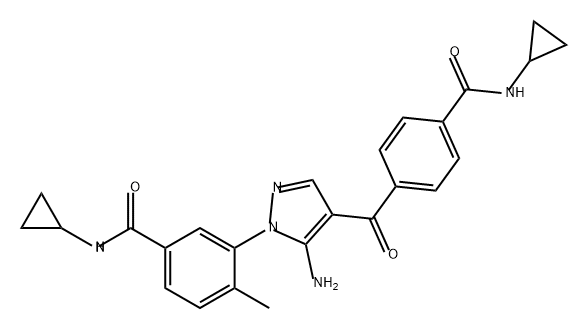 Benzamide, 3-[5-amino-4-[4-[(cyclopropylamino)carbonyl]benzoyl]-1H-pyrazol-1-yl]-N-cyclopropyl-4-methyl- Structure