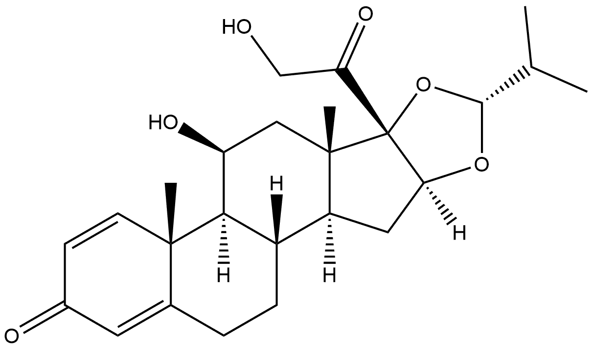 Pregna-1,4-diene-3,20-dione, 11,21-dihydroxy-16,17-[[(1R)-2-methylpropylidene]bis(oxy)]-, (11β,16α)- Struktur