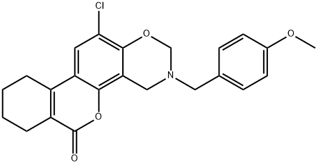 12-chloro-3-[(4-methoxyphenyl)methyl]-2,4,7,8,9,10-hexahydroisochromeno[3,4-f][1,3]benzoxazin-6-one 化学構造式
