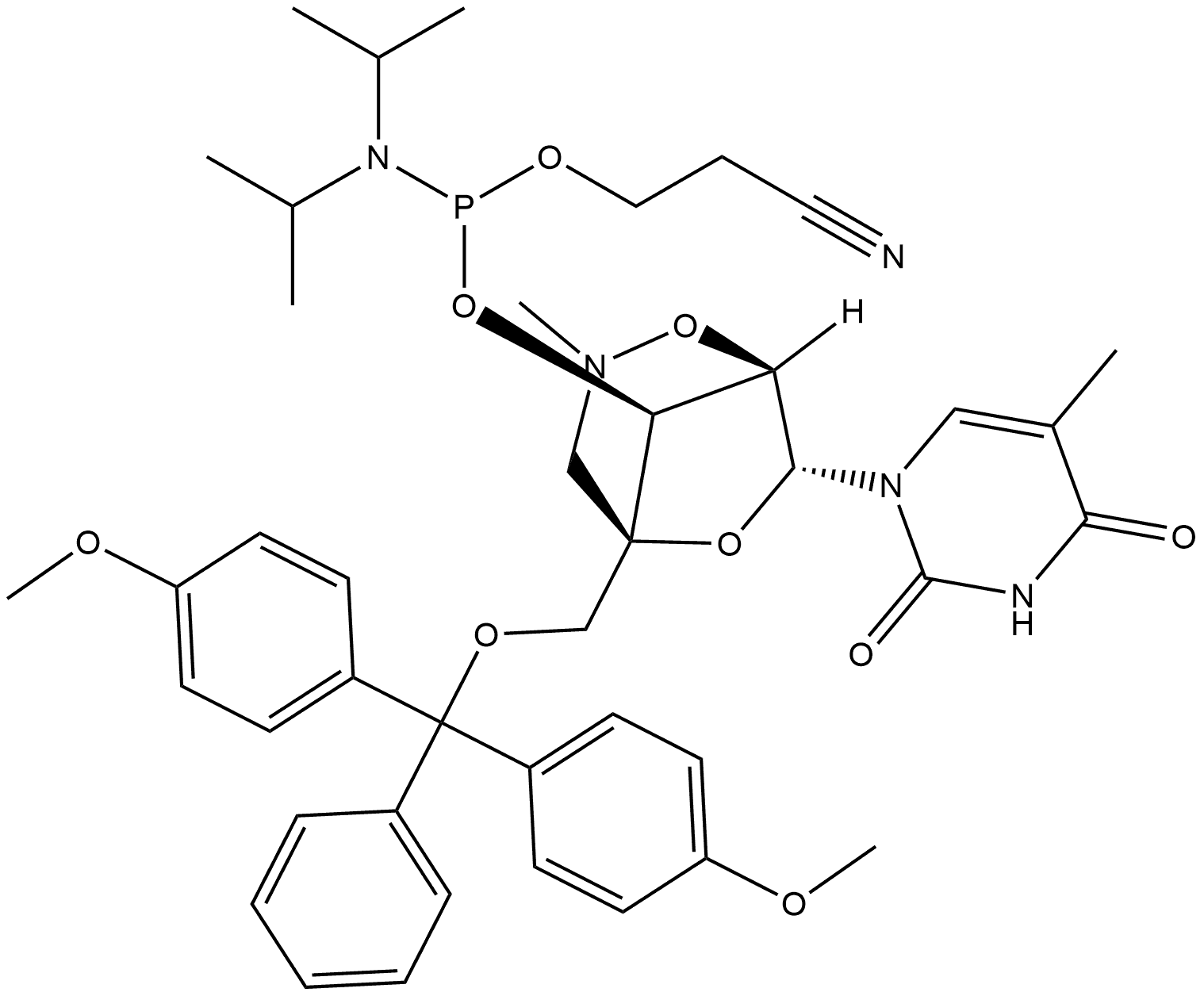 (1R,5R,7R,8S)-5-[[Bis(4-methoxyphenyl)phenylmethoxy]methyl]-7-(3,4-dihydro-5-methyl-2,4-dioxo-1(2H)-pyrimidinyl)-3-methyl-2,6-dioxa-3-azabicyclo[3.2.1]oct-8-yl 2-cyanoethyl N,N-bis(1-methylethyl)phosphoramidite Struktur