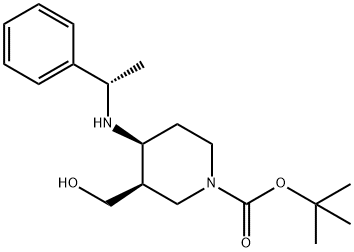 1-Piperidinecarboxylic acid, 3-(hydroxymethyl)-4-[[(1S)-1-phenylethyl]amino]-, 1,1-dimethylethyl ester, (3R,4S)- 化学構造式