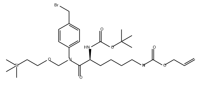 11-Oxa-2,9-diaza-14-silapentadecanoic acid, 9-[4-(bromomethyl)phenyl]-7-[[(1,1-dimethylethoxy)carbonyl]amino]-14,14-dimethyl-8-oxo-, 2-propen-1-yl ester, (7S)- Struktur