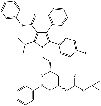 1,3,2-Dioxaborinane-4-acetic acid, 6-[2-[2-(4-fluorophenyl)-5-(1-methylethyl)-3-phenyl-4-[(phenylamino)carbonyl]-1H-pyrrol-1-yl]ethyl]-2-phenyl-, 1,1-dimethylethyl ester, (4R,6R)- Struktur