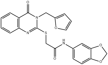 N-(苯并[D][1,3]二氧戊环-5-基)-2-((3-(呋喃-2-基甲基)-4-氧代-3,4-二氢喹唑啉-2-基)硫基)乙酰胺, 853351-76-5, 结构式