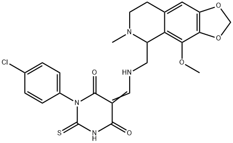 (5E)-1-(4-chlorophenyl)-5-[[(4-methoxy-6-methyl-7,8-dihydro-5H-[1,3]dioxolo[4,5-g]isoquinolin-5-yl)methylamino]methylidene]-2-sulfanylidene-1,3-diazinane-4,6-dione Structure