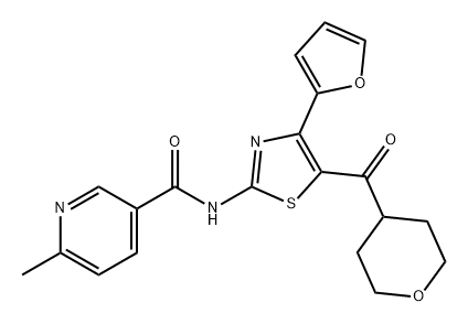 3-Pyridinecarboxamide, N-[4-(2-furanyl)-5-[(tetrahydro-2H-pyran-4-yl)carbonyl]-2-thiazolyl]-6-methyl- 化学構造式