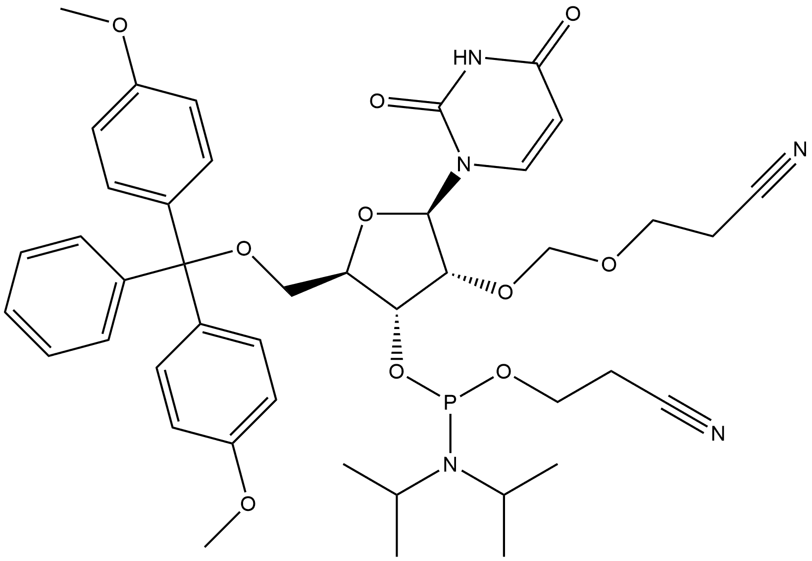 Uridine, 5'-O-[bis(4-methoxyphenyl)phenylmethyl]-2'-O-[(2-cyanoethoxy)methyl]-, 3'-[2-cyanoethyl N,N-bis(1-methylethyl)phosphoramidite] 结构式