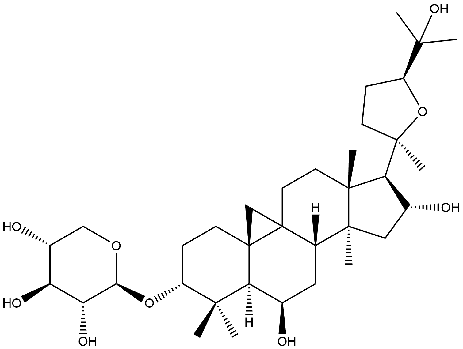 β-D-Xylopyranoside, (3β,6α,16β,20R,24S)-20,24-epoxy-6,16,25-trihydroxy-9,19-cyclolanostan-3-yl 化学構造式