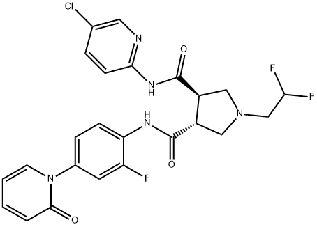 3,4-Pyrrolidinedicarboxamide, N3-(5-chloro-2-pyridinyl)-1-(2,2-difluoroethyl)-N4-[2-fluoro-4-(2-oxo-1(2H)-pyridinyl)phenyl]-, (3R,4R)- 化学構造式