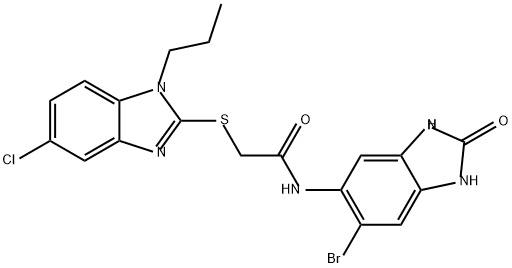 Acetamide, N-(6-bromo-2,3-dihydro-2-oxo-1H-benzimidazol-5-yl)-2-[(5-chloro-1-propyl-1H-benzimidazol-2-yl)thio]- 化学構造式