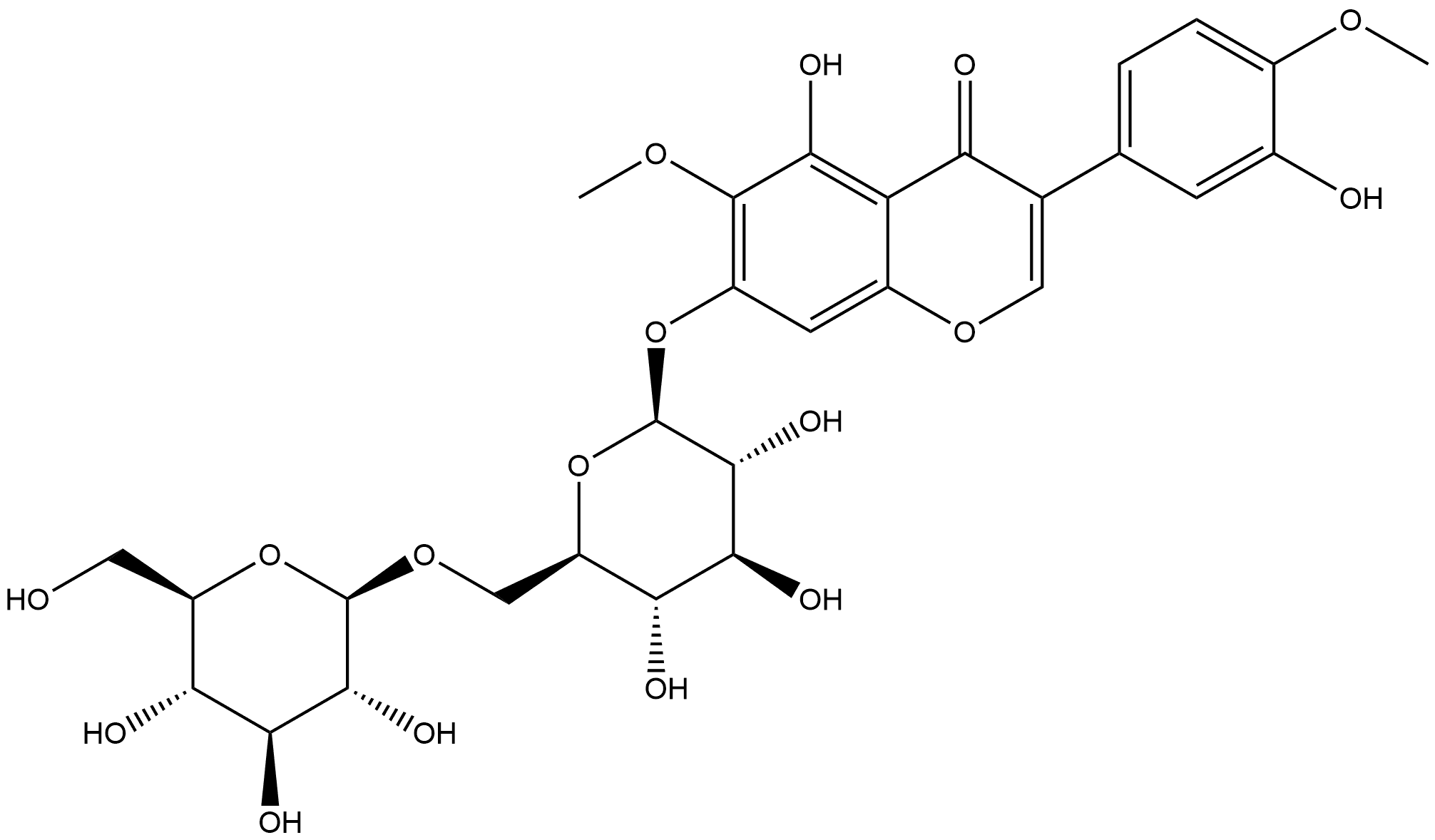 4H-1-Benzopyran-4-one, 7-[(6-O-β-D-glucopyranosyl-β-D-glucopyranosyl)oxy]-5-hydroxy-3-(3-hydroxy-4-methoxyphenyl)-6-methoxy- 化学構造式