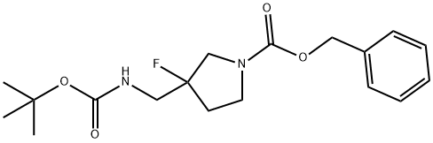 1-Pyrrolidinecarboxylic acid, 3-[[[(1,1-dimethylethoxy)carbonyl]amino]methyl]-3-fluoro-, phenylmethyl ester Struktur